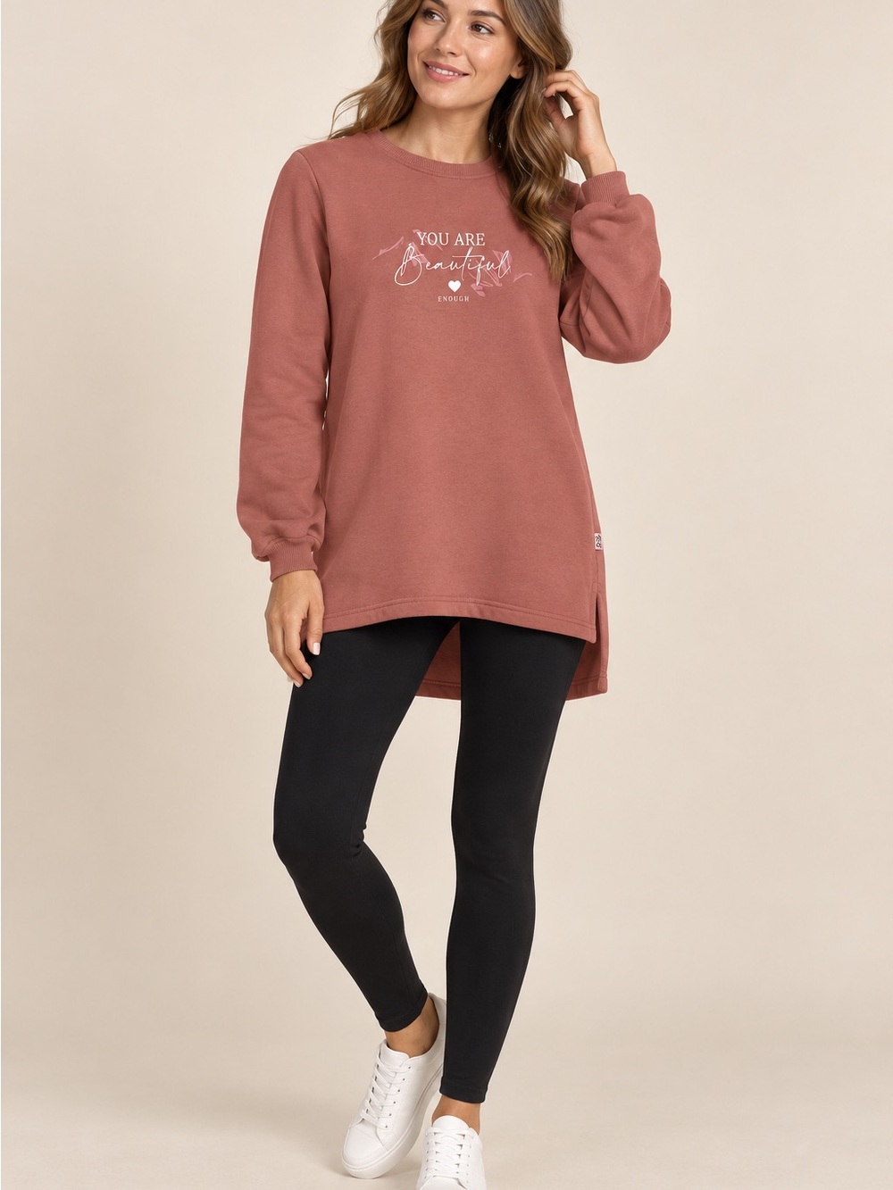 Cozy Tunic Sweatshirt Dusty Rose Graphic High-Low Small